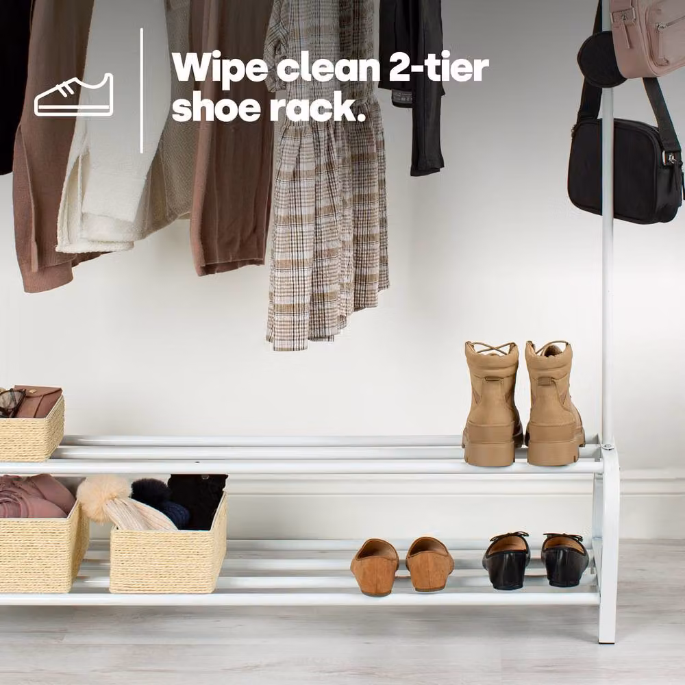 LIVIVO White Metal Clothing Rail with 2 Tier Shoe Rack and Continuous Linear Rail – 2