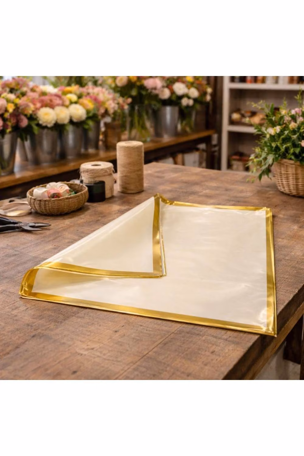 KDMD Korean Style Pre Cut Cello Wrap Sheets in Cream with Gold Border, 100 Pack – 2