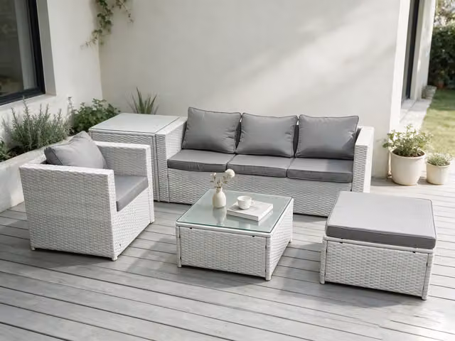 Fimous Grey Rattan Garden Furniture Set with 3 Seater Sofa, Armchair, Coffee Table and Ottoman