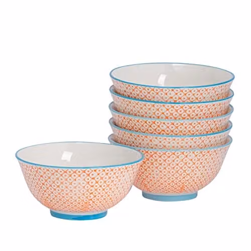 Nicola Spring Hand-Printed Porcelain Cereal Bowls, Orange and White, Pack of 6, Diameter: 16 cm – 1