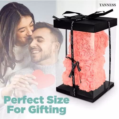 Tanness Artificial Rose Bear with Transparent Gift Box and Black Ribbon, Pink – 5