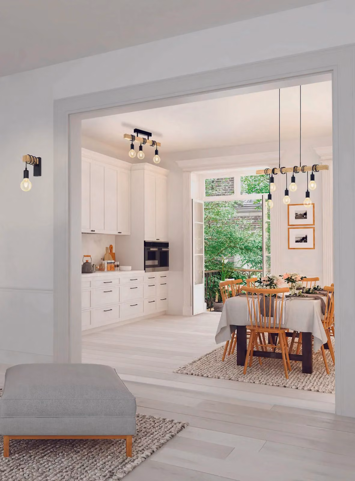 Loops Ceiling Spot Light and 2x Matching Wall Lights in Black and Wood – 3
