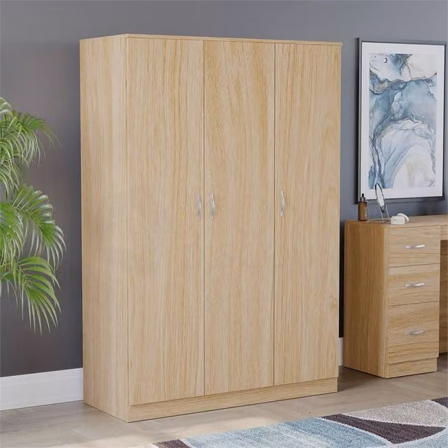 FORGEVIO Modern 3-Door Solid Pine Wood Wardrobe in Natural Brown and Beige