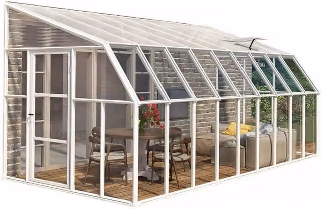 Palram Lean To Greenhouse Sun Room in White, W: 257 cm, D: 570 cm, H: 266 cm
