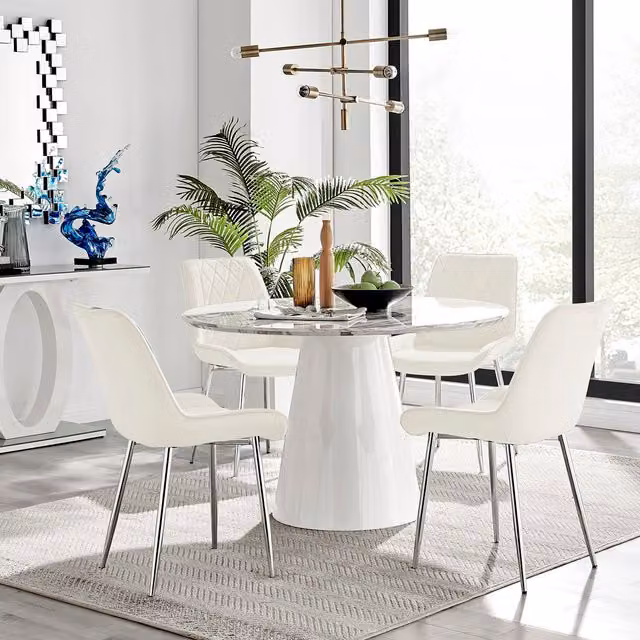Furniturebox Palma Round White Marble Effect Dining Table and Pesaro Cream Velvet Chairs with Silver Legs