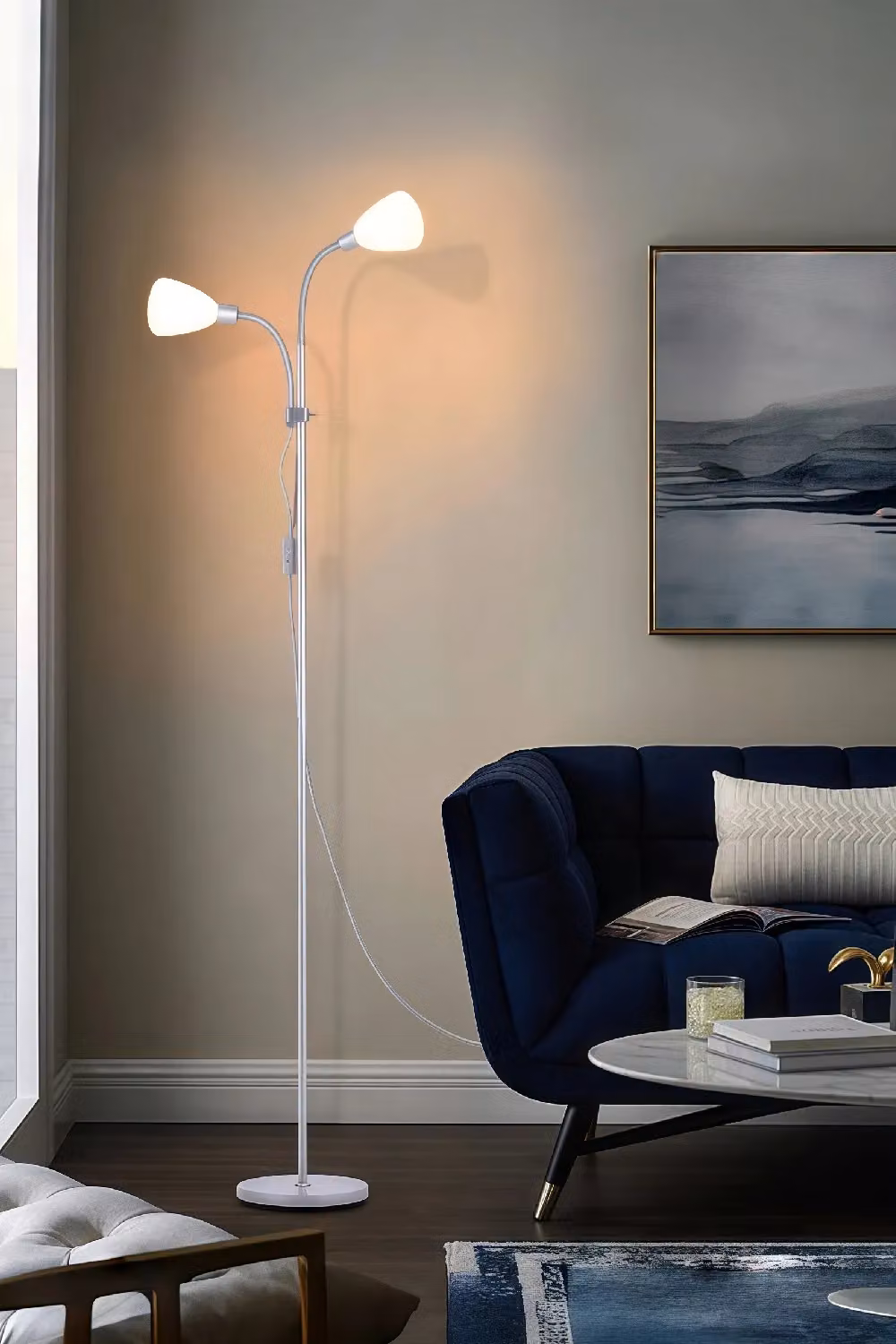 Living and Home Modern 2 Head Adjustable Standing Floor Lamp in White and Multicolour – 2