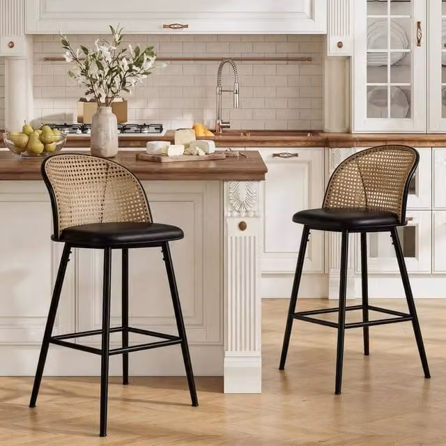 FURNITURE ONE Set of 2 Modern Black Swivel Bar Stools with Rattan and Metal Design