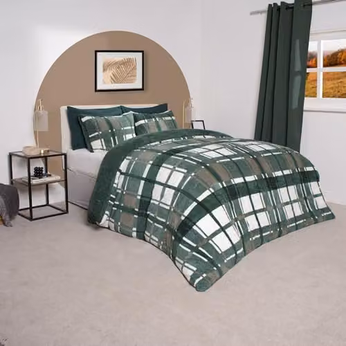 OHS Super King Teddy Fleece Checked Duvet Cover and Pillowcase Set in Forest Green – 2