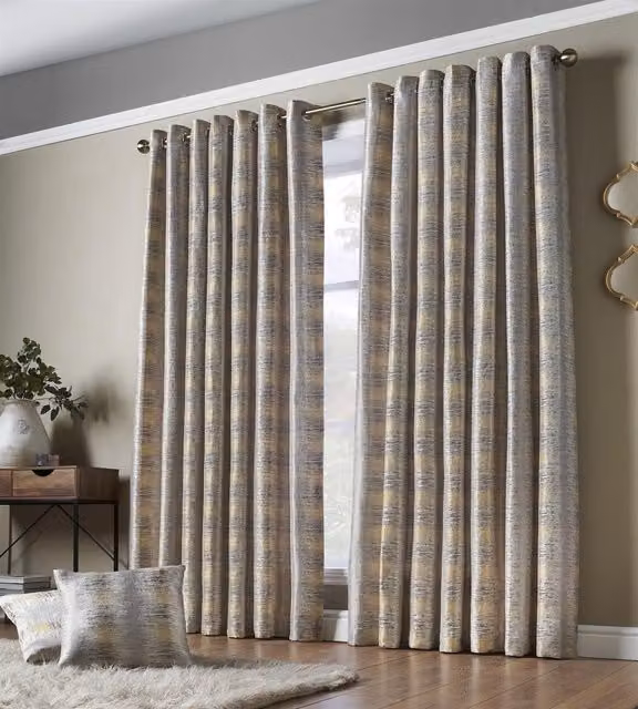 Luxury Living Reflect Jacquard Fully Lined Ready Made Ring Top Curtains in Yellow, Width: 168 cm, Drop: 229 cm – 1