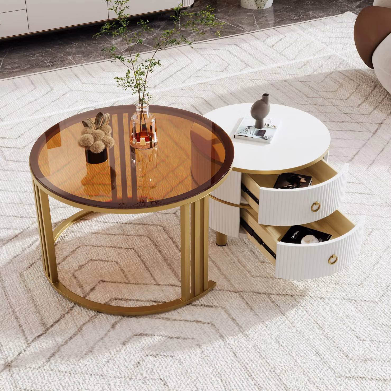 Aosom UK Set of 2 Round Nest of Tables with High-Gloss Tempered Glass Tops in Brown and White – 3