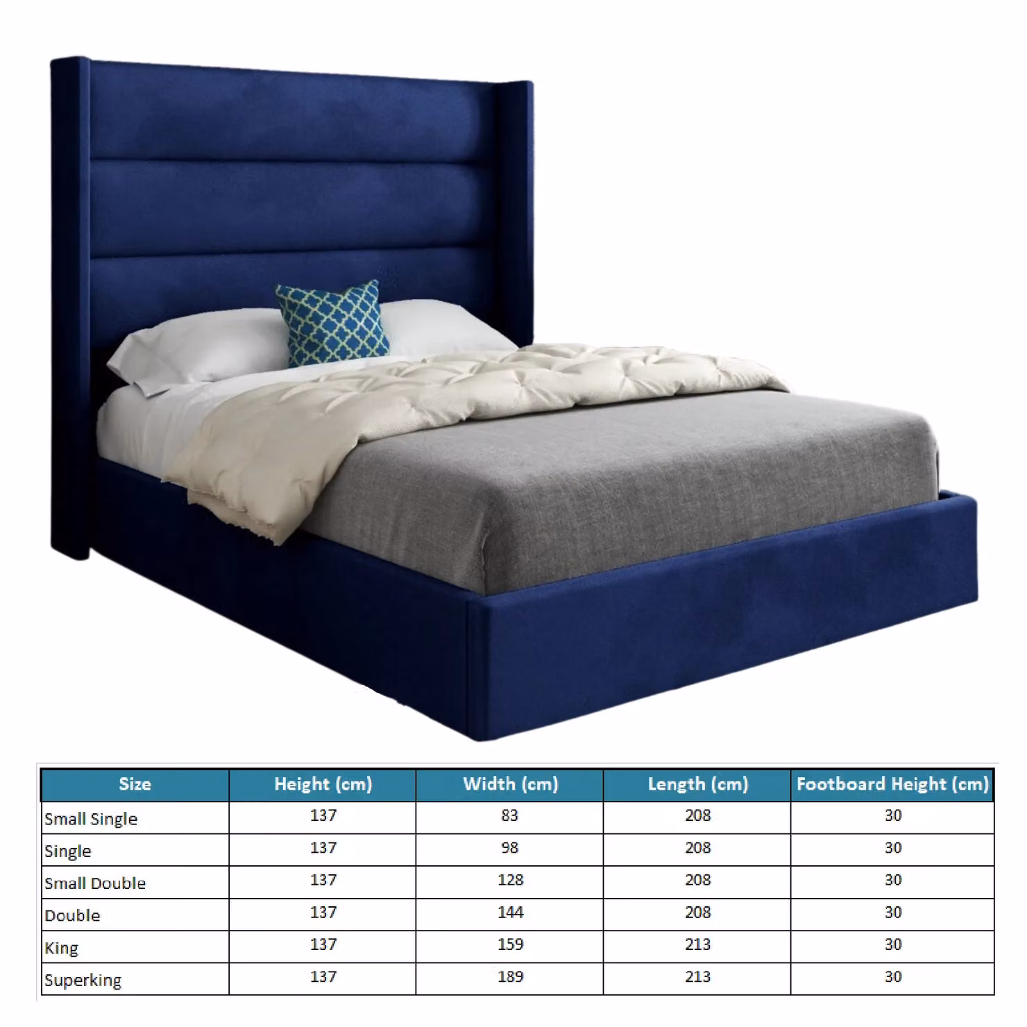 KDMD Nuno Straight Winged Upholstered Velvet Bed Frame in Blue, W/D/H: 144 x 137 x 200 cm – 4
