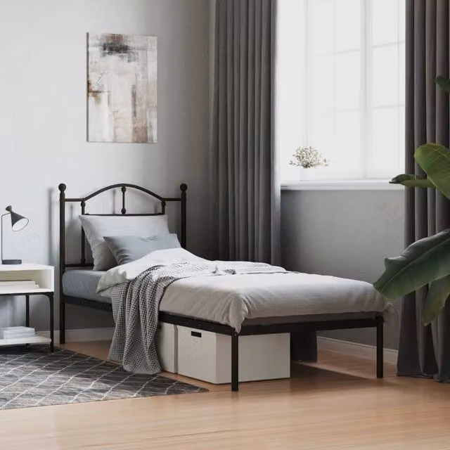 Berkfield Home Metal Bed Frame with Headboard in Black, W/D/H: 90 x 190 cm Single – 1