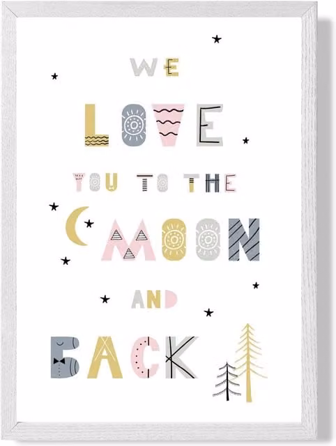 ARTZE Love You to the Moon Pink Scandi Quote Framed Print with White Frame
