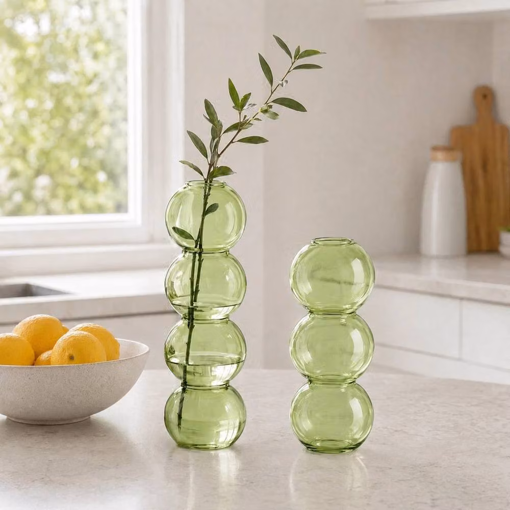 PAWNORA Set of 2 Green Bubble Shaped Glass Vases for Tabletop Decor – 2