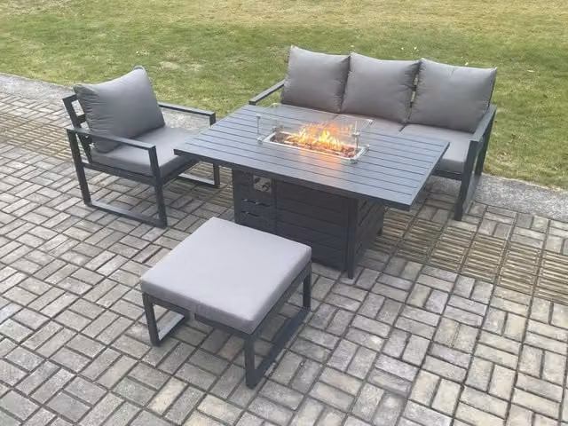Fimous 5 Seater Aluminium Outdoor Garden Furniture Set with Gas Fire Pit Dining Table and Footstool in Dark Grey