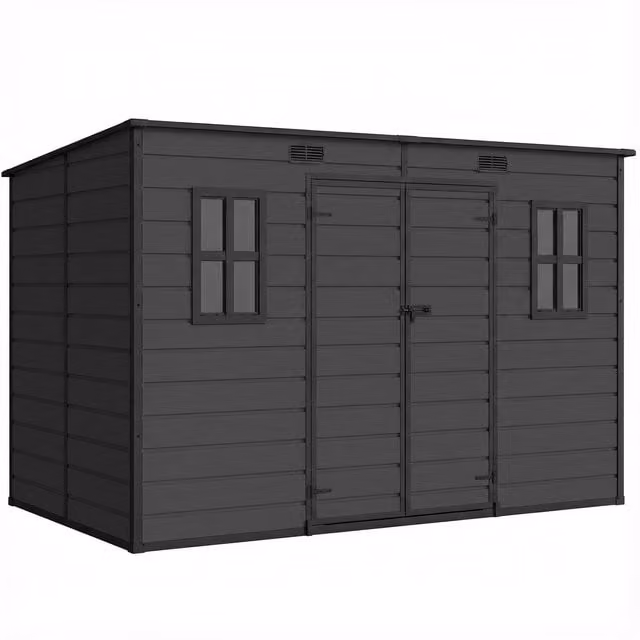 Outsunny Dark Grey Resin Garden Storage Shed with Floor, Windows, Lockable Double Doors and Side Vents, W/D/H: 305 x 184 x 184 cm – 1