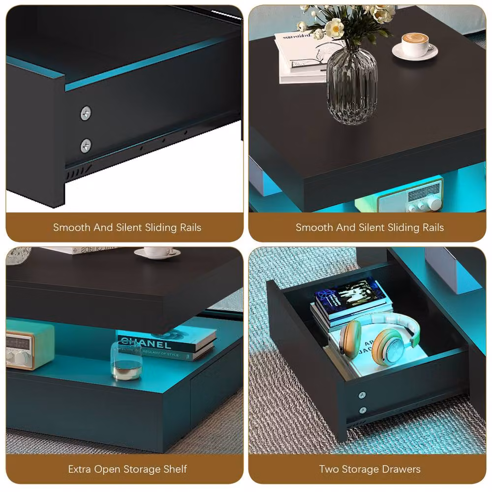 KEEPREAPER Modern LED Coffee Table with 2 Storage Drawers in Black – 7
