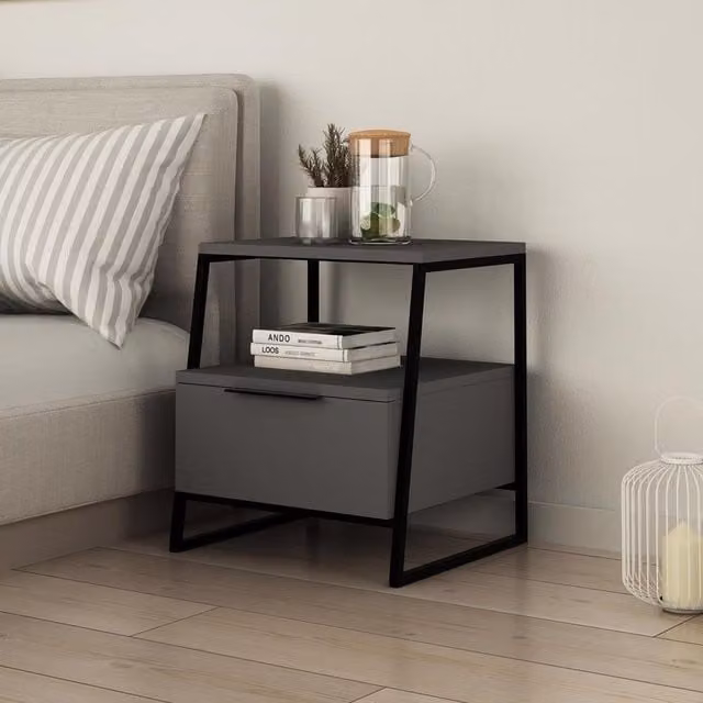 FWStyle Anthracite Grey 1 Door Bedside Table Cabinet Nightstand