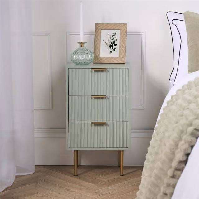 OHS Modern Ribbed 3-Drawer Bedside Table and Office Nightstand in Pale Green
