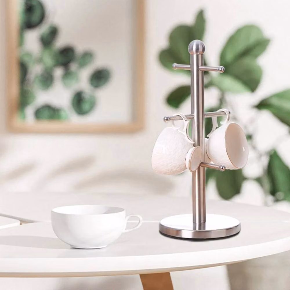 FORGEVIO Stainless Steel Freestanding 6 Cup Mug Tree with Shelf in Silver – 2