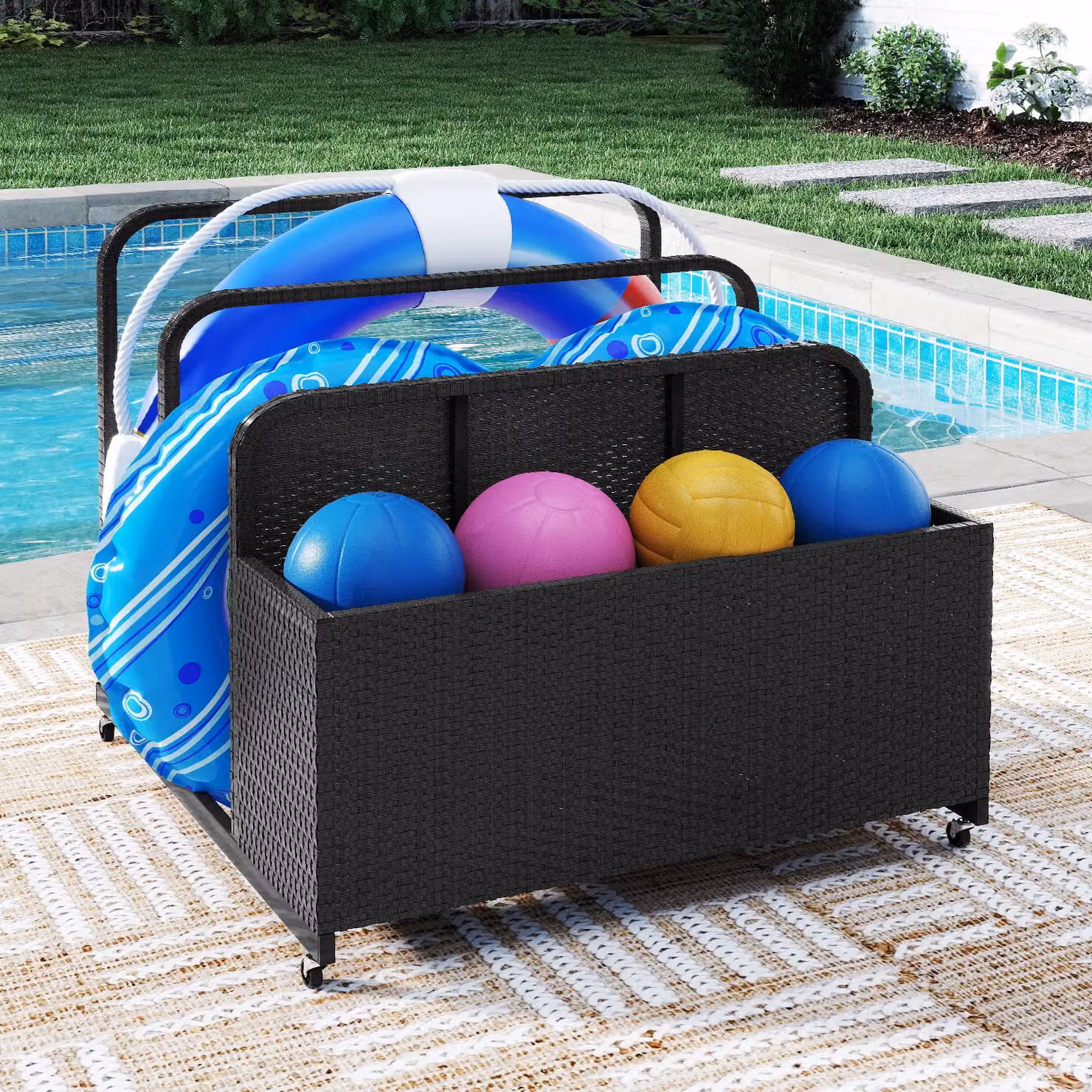 Costway Wicker Patio Pool Float Storage Organizer Caddy Basket in Black – 5