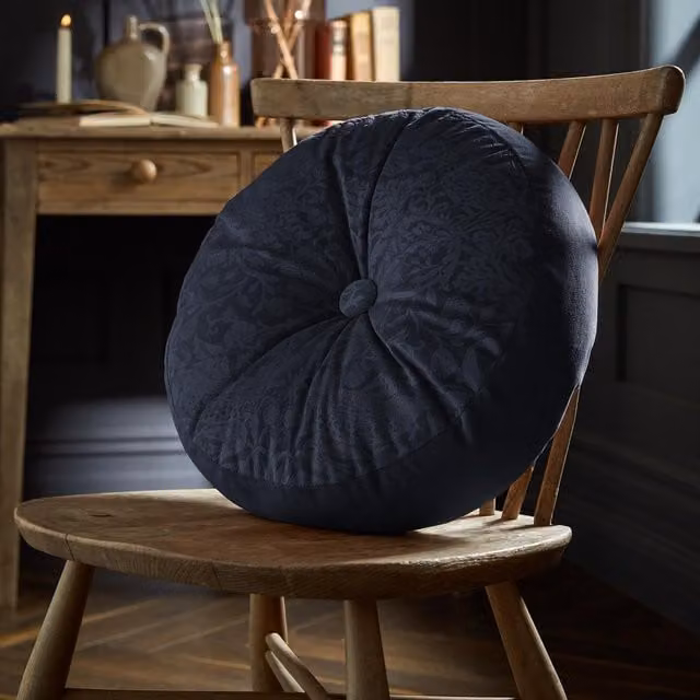 William Morris At Home Strawberry Thief Velvet Embossed Round Filled Cushion, Prussian Blue, Diameter: 38 cm