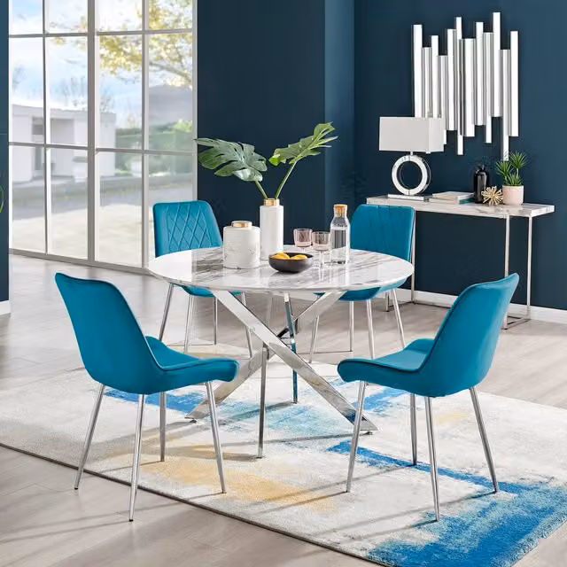 FurnitureboxUK Novara White Marble Effect Round Dining Table and 4 Pesaro Silver Chairs in Blue, Diameter: 120 cm
