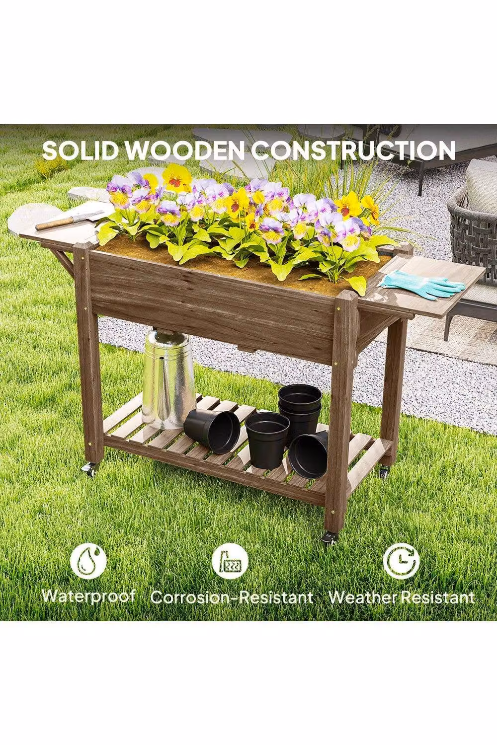 ERGOVEXA Wooden Raised Planter with Shelves in Brown Carbonised Finish – 3
