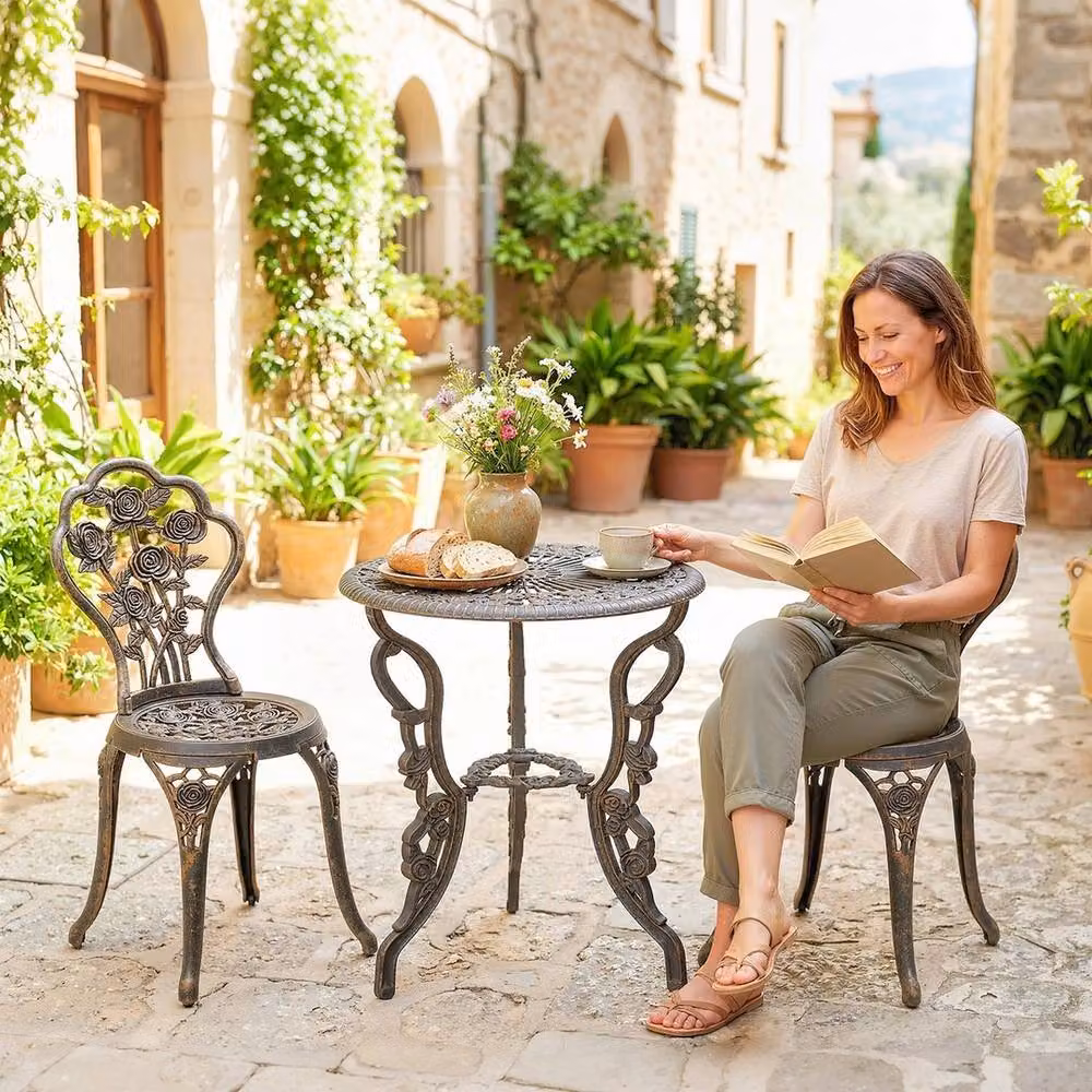 NESTLUNE Brown Metal Outdoor Bistro Set with Floral Design and Umbrella Hole, W: 100 cm, D: 15 cm, H: 15 cm – 2