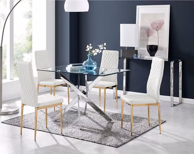 FurnitureboxUK Leonardo White Rectangular Glass Dining Table with Four Milan Gold Leg Chairs