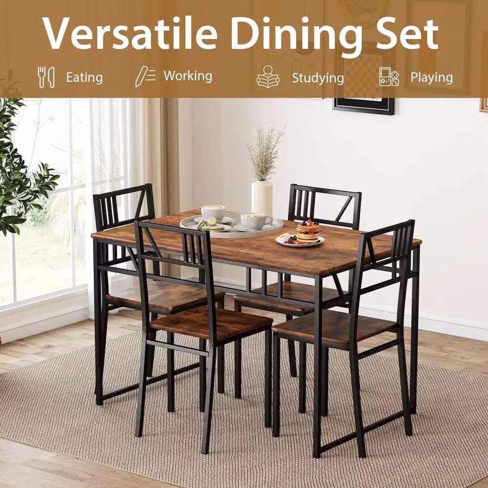 Costway 5 Piece Industrial Style Dining Table and 4 Chairs Set in Brown – 7