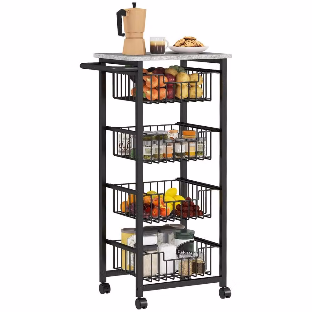 Wyld Haus Fimado 4 Basket Mobile Kitchen Trolley with Marble Effect Top and Wheels in Light Grey, W/D/H: 91 x 49.5 x 31 cm – 2