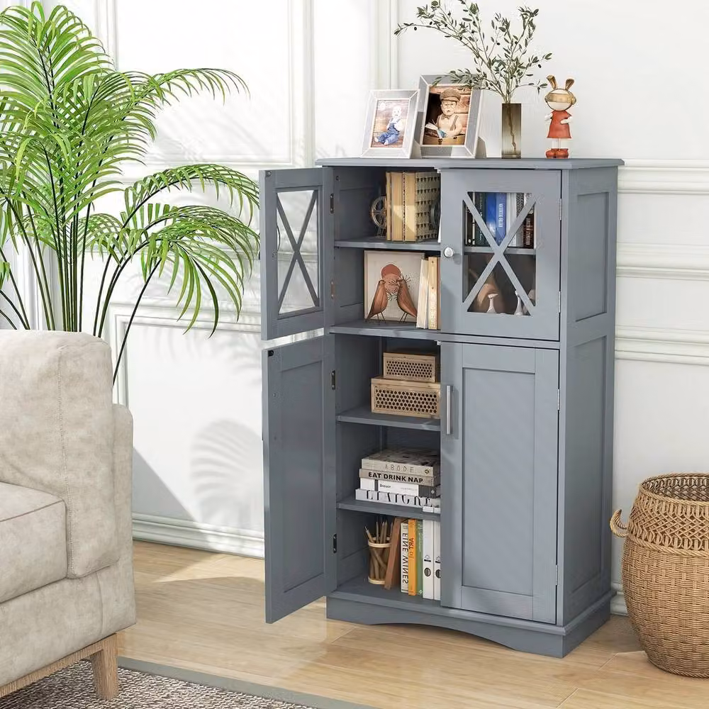 FORGEVIO Grey Freestanding Bathroom Linen Storage Cabinet with Glass Doors and Internal Shelves – 2