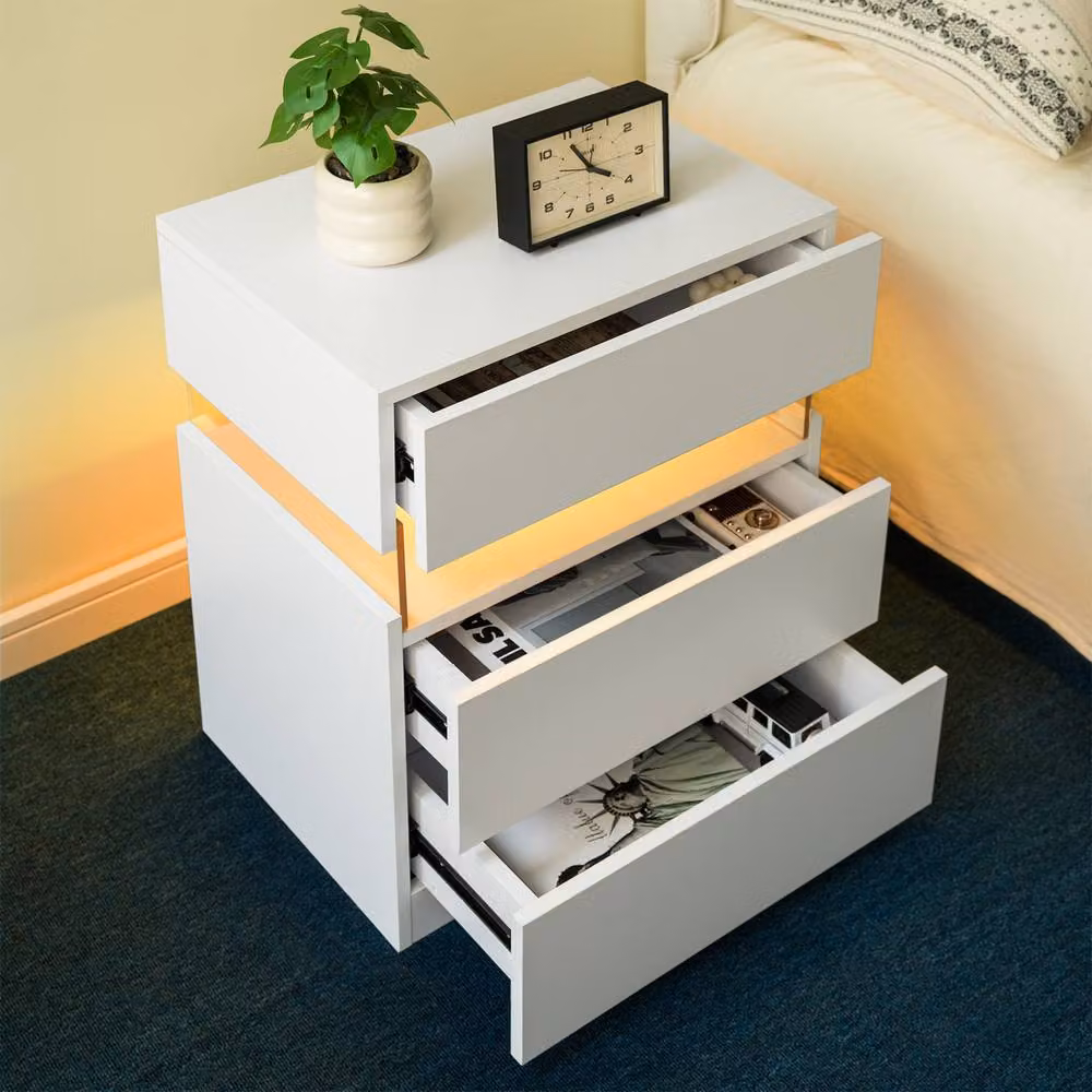 Direct Wicker White Wicker and Acrylic LED Nightstand with 3 Drawers – 3
