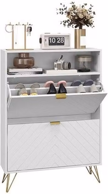 NESTLUNE Narrow White Shoe Storage Cabinet with 2 Tilting Compartments for 12 Pairs of Shoes, W: 100 cm, D: 15 cm – 1