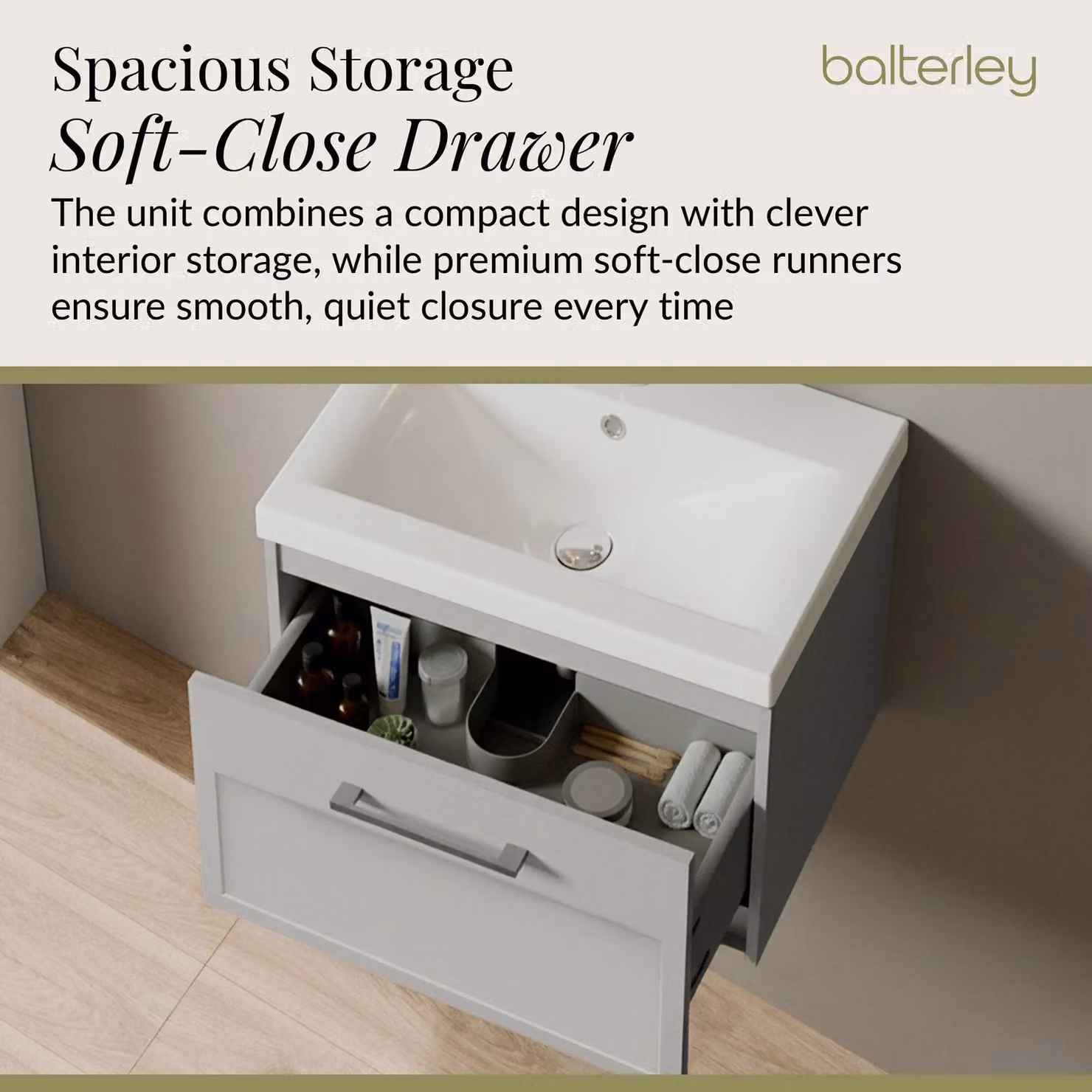 Balterley Wall Hung 1 Drawer Vanity Unit and 3TH Fireclay Basin, Grey, Width: 50 cm – 2