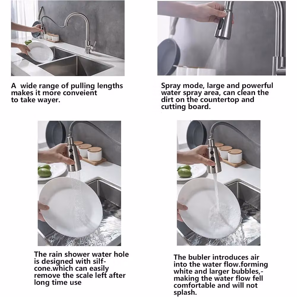 Hinsinc Modern Single Lever Kitchen Sink Mixer Tap with Pull Out Spout and Spray Function in Silver Chrome – 6