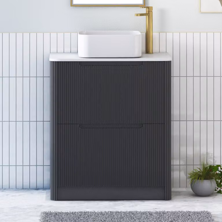 Royal Bathrooms Avenza 600mm Matt Obsidian Black Floor Standing 2 Drawer Vanity Unit with Plain White Worktop and Elena Basin