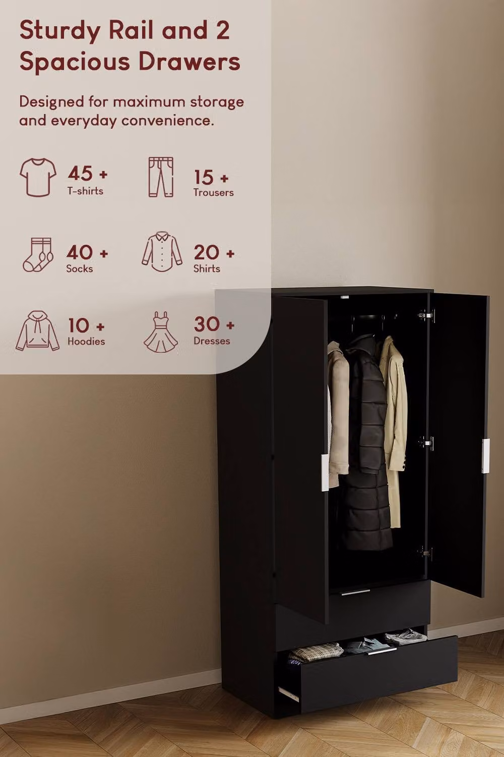 Vida Designs Trega Black 2 Door 2 Drawer Wardrobe with Hanging Rail and Internal Shelves – 3