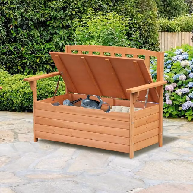 Outsunny Rustic Brown Wooden Garden Storage Bench – 2