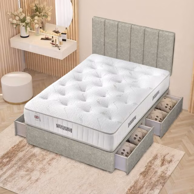 Somnior Beds Ltd Austin Linen Fabric Storage Divan Bed with Hybrid Orthopaedic Mattress and 32 inch Headboard, Green/Yellow, W/D/H: 120 x 200 cm