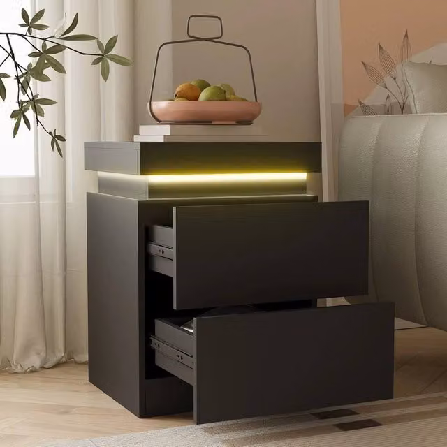 EONLION Set of 2 Black Modern Bedside Tables with Integrated LED Lighting and 2 Drawers Each, Width: 100 cm
