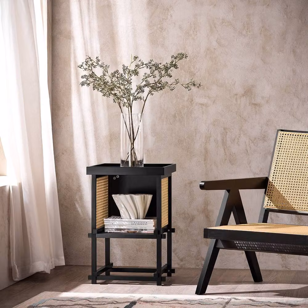 SoBuy Modern Black Compact Side Table with Rattan Detail – 2