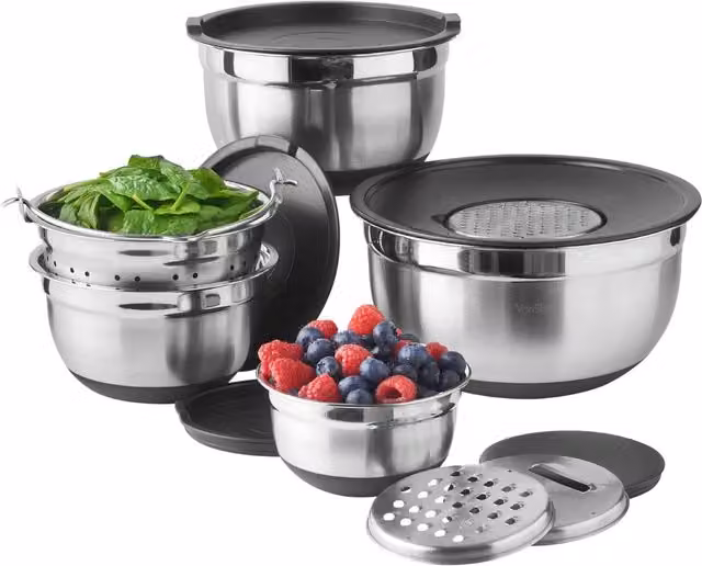 VonShef 12-Piece Stainless Steel Nesting Mixing Bowl Set with Lids and Non-Slip Bases in Silver