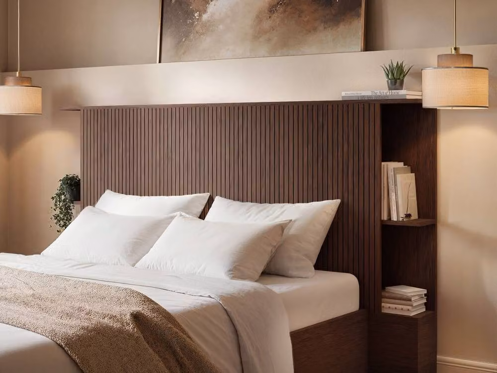 Solace+Co Zora Ottoman Bed with Headboard Shelves in Walnut Brown, W/D/H: 140 x 200 cm – 3