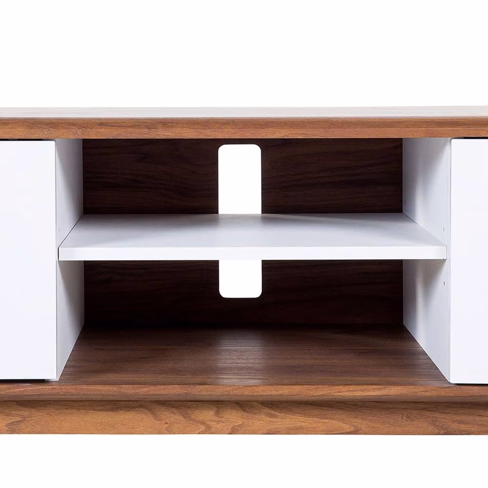 Wyld Haus Mid Century TV Stand in Brown and White with Media Compartments and Integrated Cable Management – 5