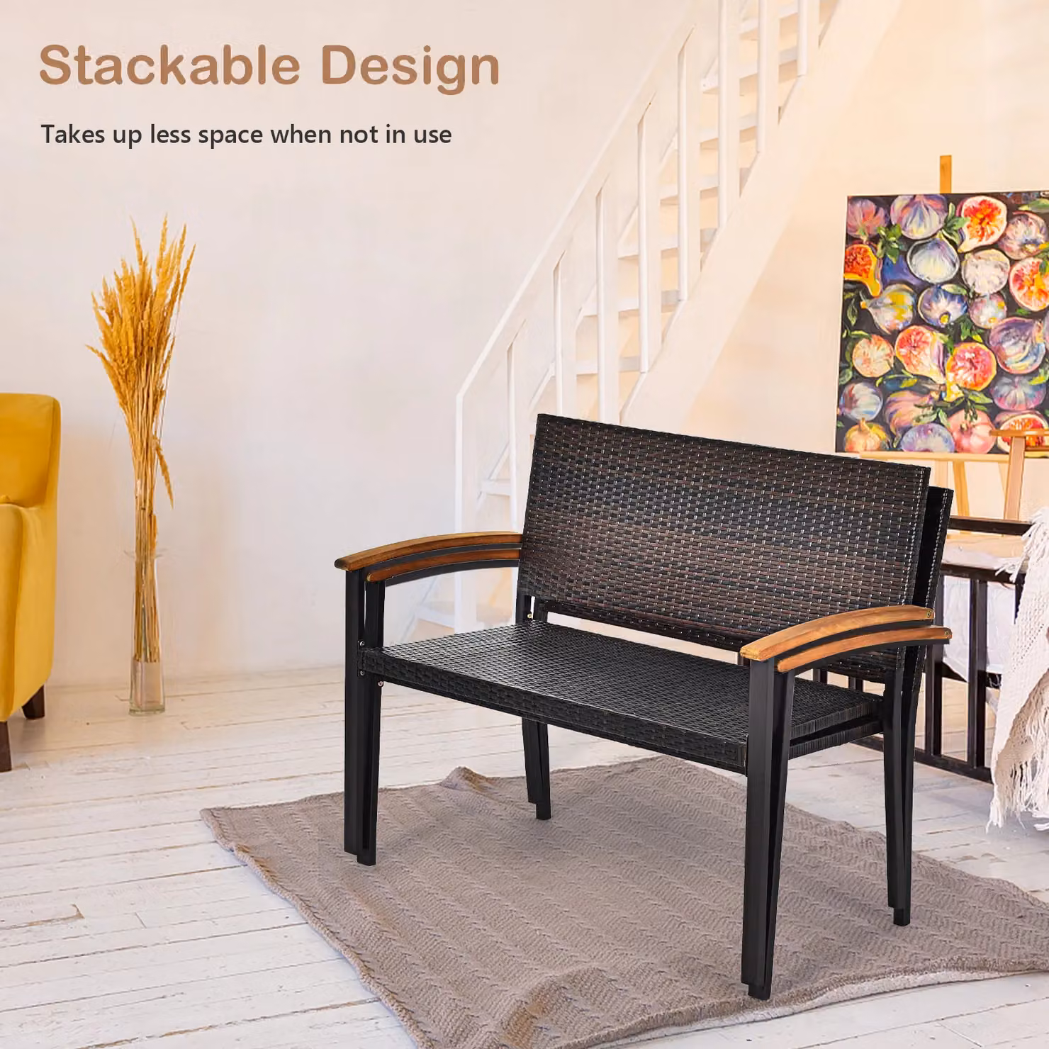 Costway Dark Brown All-Weather PE Wicker Stackable Outdoor Garden Loveseat Bench – 7