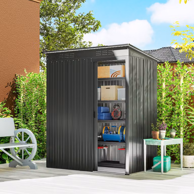 Outsunny Metal Garden Storage Shed in Dark Grey, Waterproof Pent Style Outdoor Lean-to Shed with Sliding Doors and Side Vent
