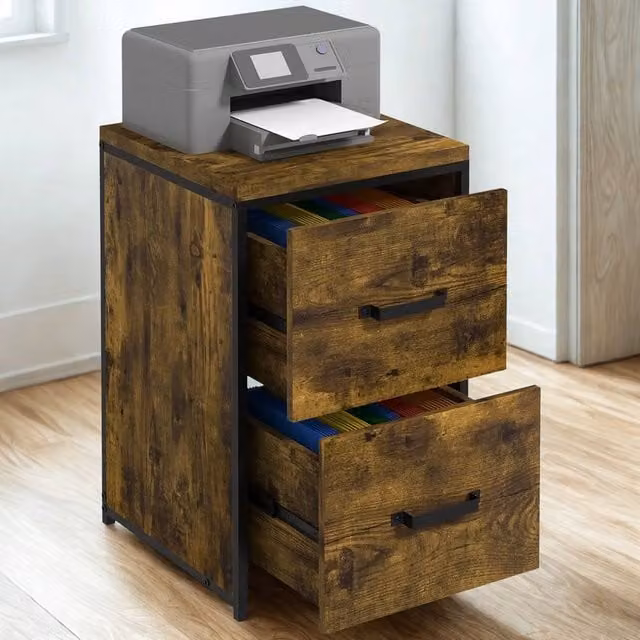 FURNOS Industrial 2 Drawer Portable Rolling Filing Cabinet in Brown, W/D/H: 41.5 x 41.5 x 69.5 cm
