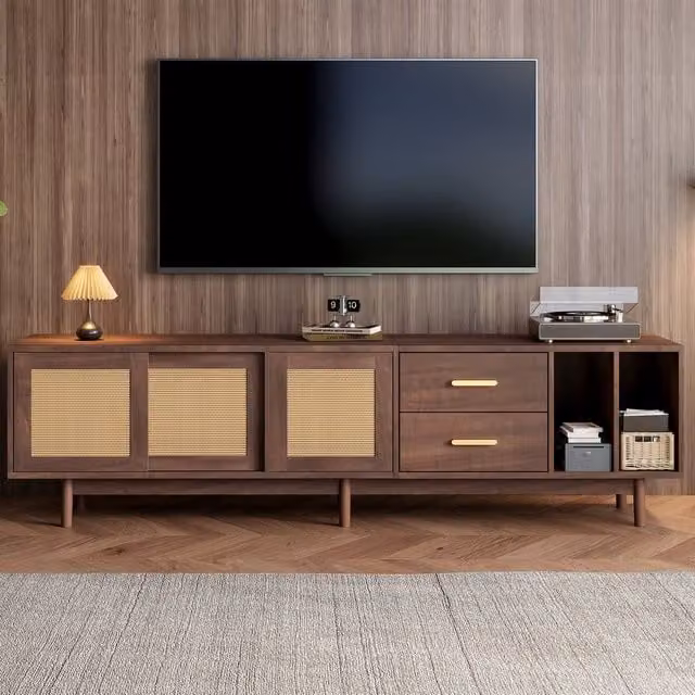 Matteo Modern Dark Brown Wood TV Cabinet with Rattan Sliding Doors and 2 Drawers, W: 190 cm, D: 40 cm, H: 52 cm